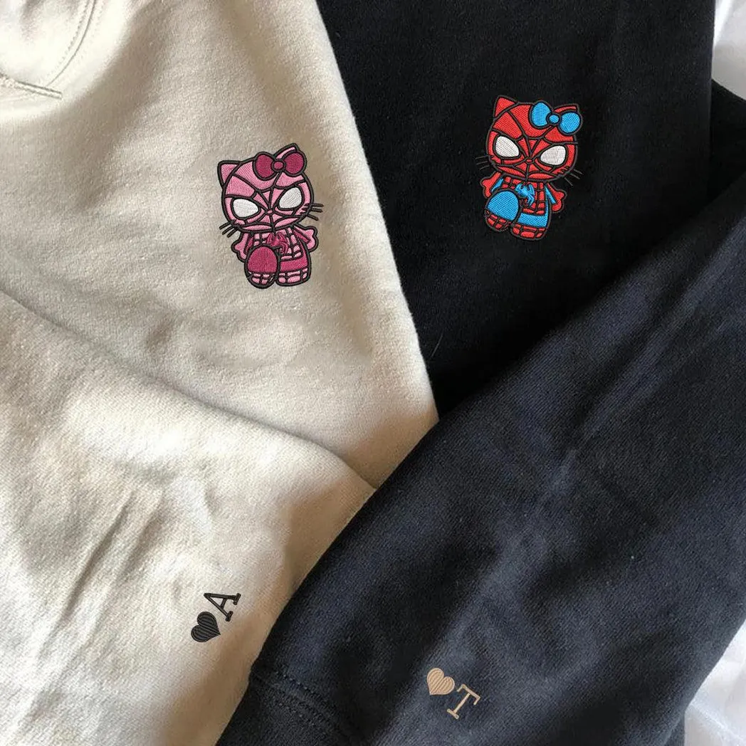 custom embroidered hoodies for couples cartoon spider and kitten couples embroidered hoodie clgg0
