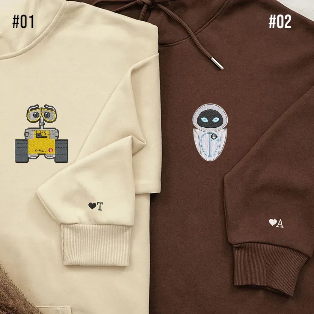 Custom Embroidered Hoodies For Couples, Cute Cartoon Wall E And Eve Couples Embroidered Hoodie, Gift For Boyfriend, Girlfriend