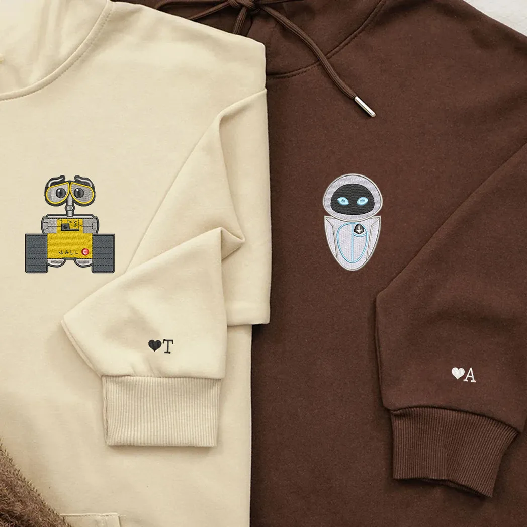 custom embroidered hoodies for couples cute cartoon wall e and eve couples embroidered hoodie gift for boyfriend girlfriend tbnde