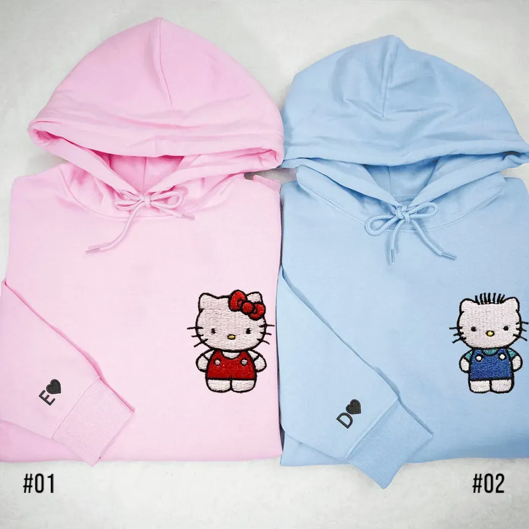 Custom Embroidered Hoodies For Couples, Cute Kitten Couples Embroidered Hoodie, Gift For Her/Him, Boyfriend, Girlfriend