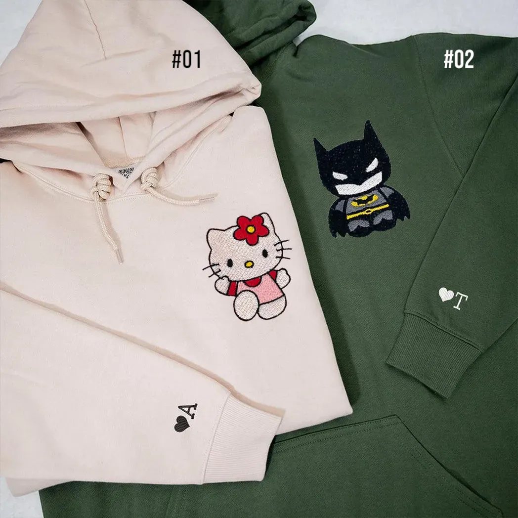 Custom Embroidered Hoodies For Couples, Lovely Batman And Kitten Couples Embroidered Hoodie, Gift For Her/Him, Boyfriend, Girlfriend