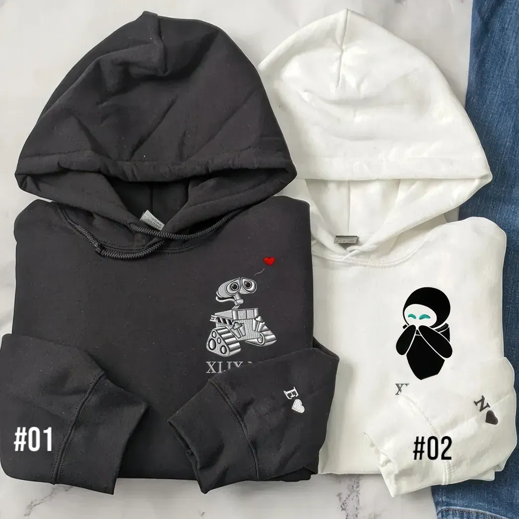 Custom Embroidered Hoodies For Couples, Wall E And Eve Couple Matching Embroidered Hoodie For Boyfriend, Girlfriend