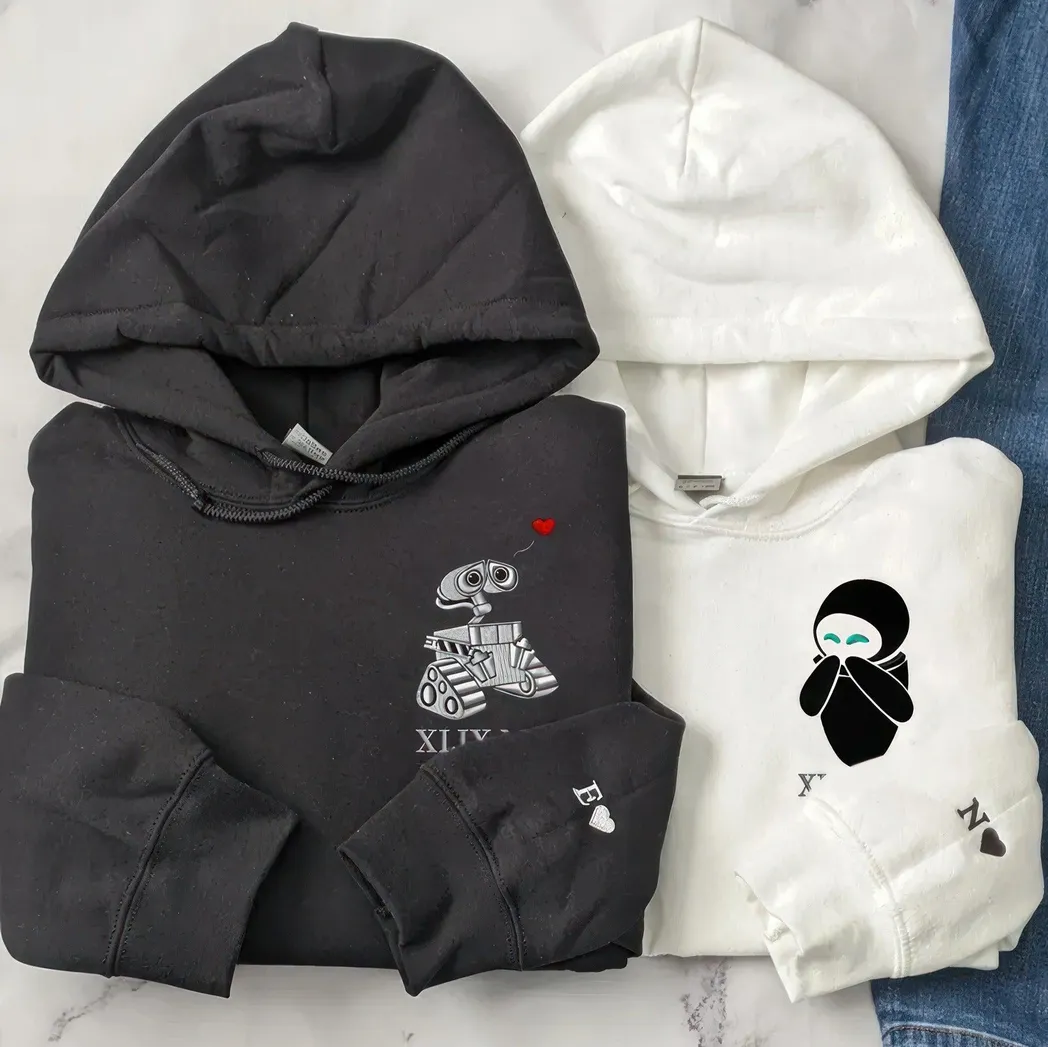 custom embroidered hoodies for couples wall e and eve couple matching embroidered hoodie for boyfriend girlfriend entnb