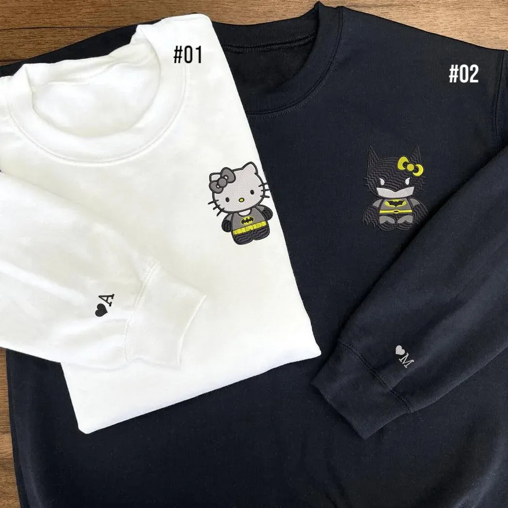 Custom Embroidered Sweatshirts For Couples, Custom Matching Couple Sweatshirt, Cartoon Batman And Kitten Couples Embroidered Sweater