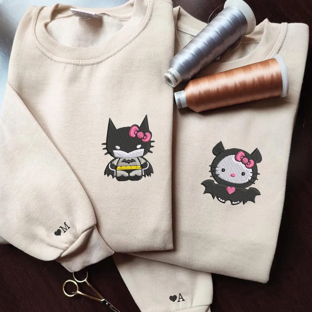 cute batman and kitten couples embroidered sweatshirt maching embroidered hoodie for couple boyfriend girlfriend lkuf8