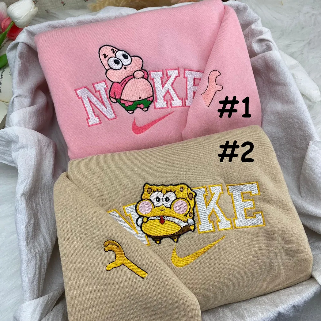 Cute Chibi Patrick Star And SpongeBob SquarePants Cartoon Nike Embroidered Sweatshirt Fashion Style For Couples, Valentine Day