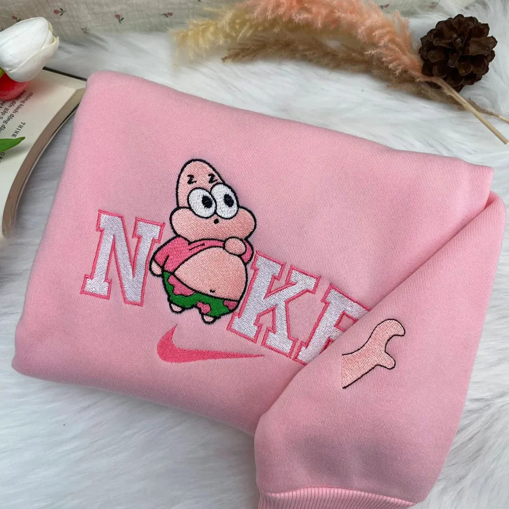 cute chibi patrick star and spongebob squarepants cartoon nike embroidered sweatshirt fashion style for couples valentine day wvvwj