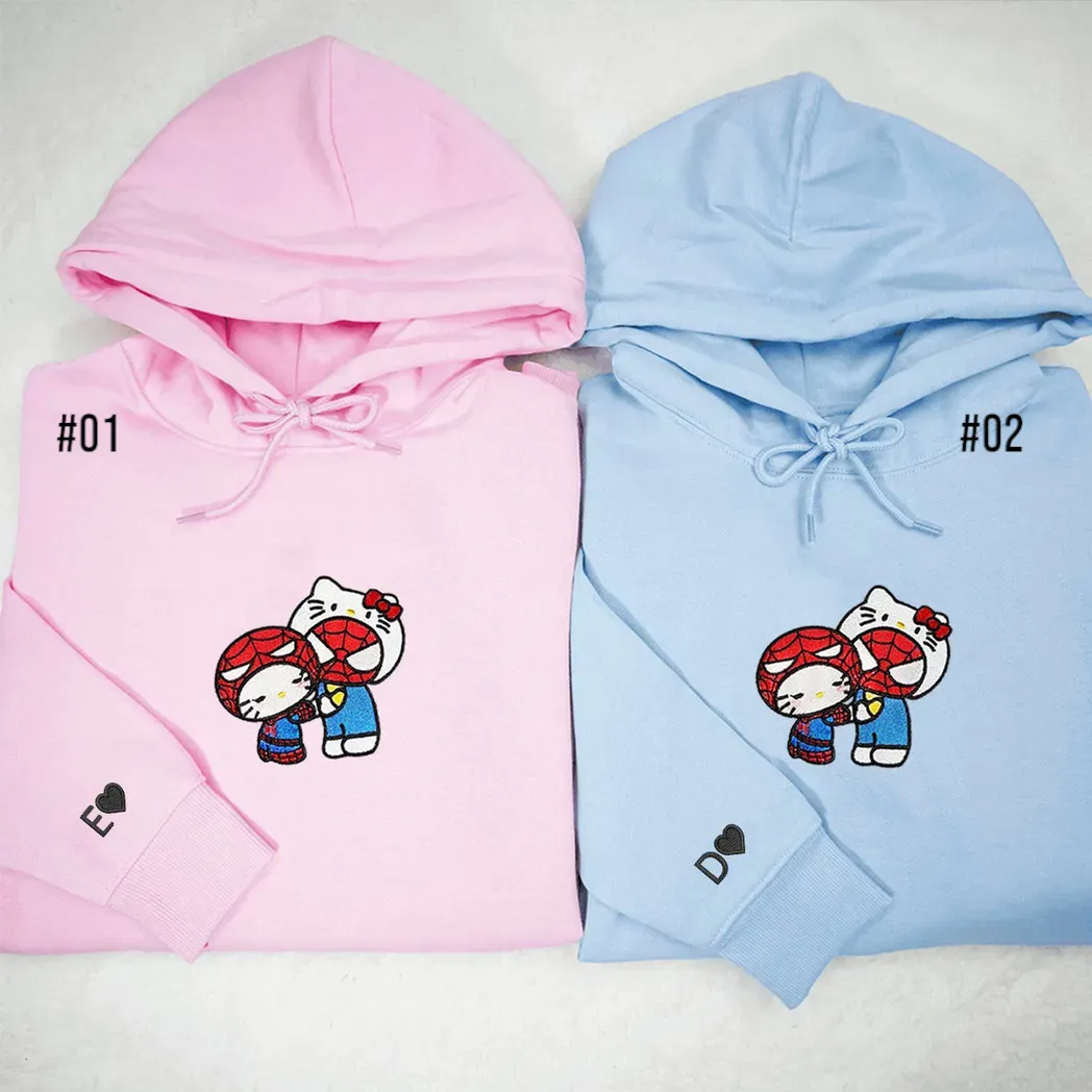 Cute Kitten And Spider Couples Embroidered Sweatshirt, Maching Embroidered Hoodie For Couple, Boyfriend, Girlfriend