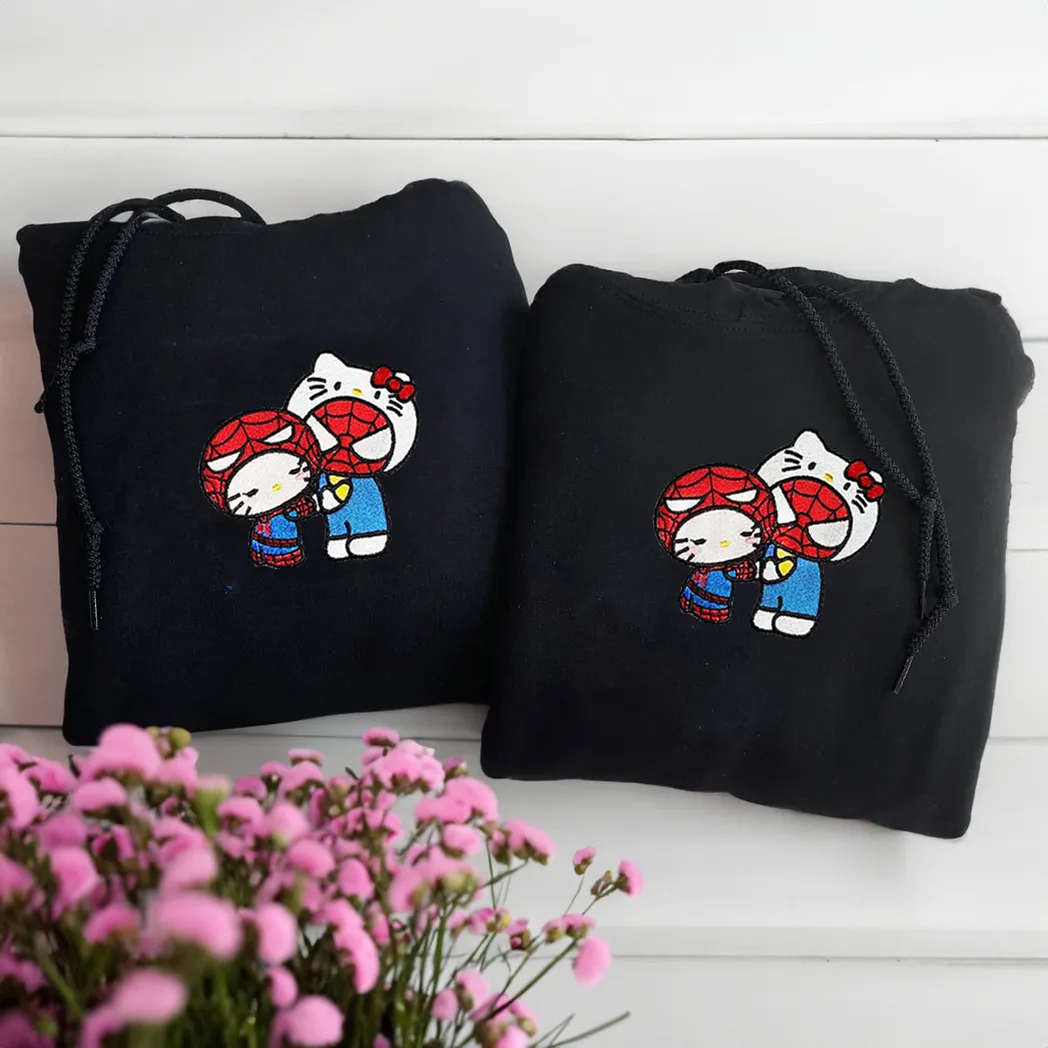 cute kitten and spider couples embroidered sweatshirt maching embroidered hoodie for couple boyfriend girlfriend