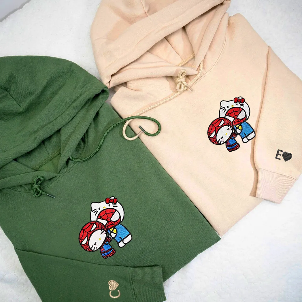 cute kitten and spider couples embroidered sweatshirt maching embroidered hoodie for couple boyfriend girlfriend