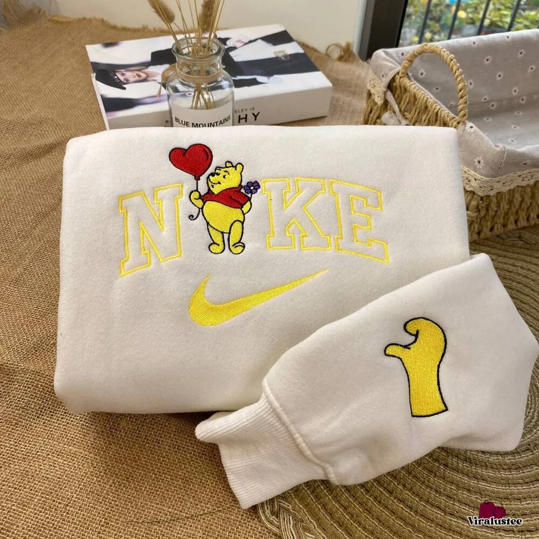 cute pooh bear and piglet x nike embroidered shirt embroidered sweatshirt fashion style for couples
