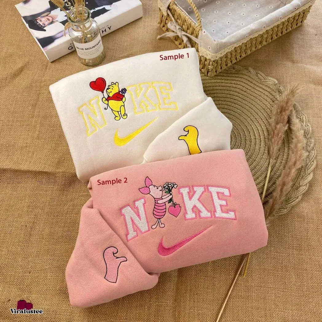 cute pooh bear and piglet x nike embroidered shirt embroidered sweatshirt fashion style for couples w0iqq