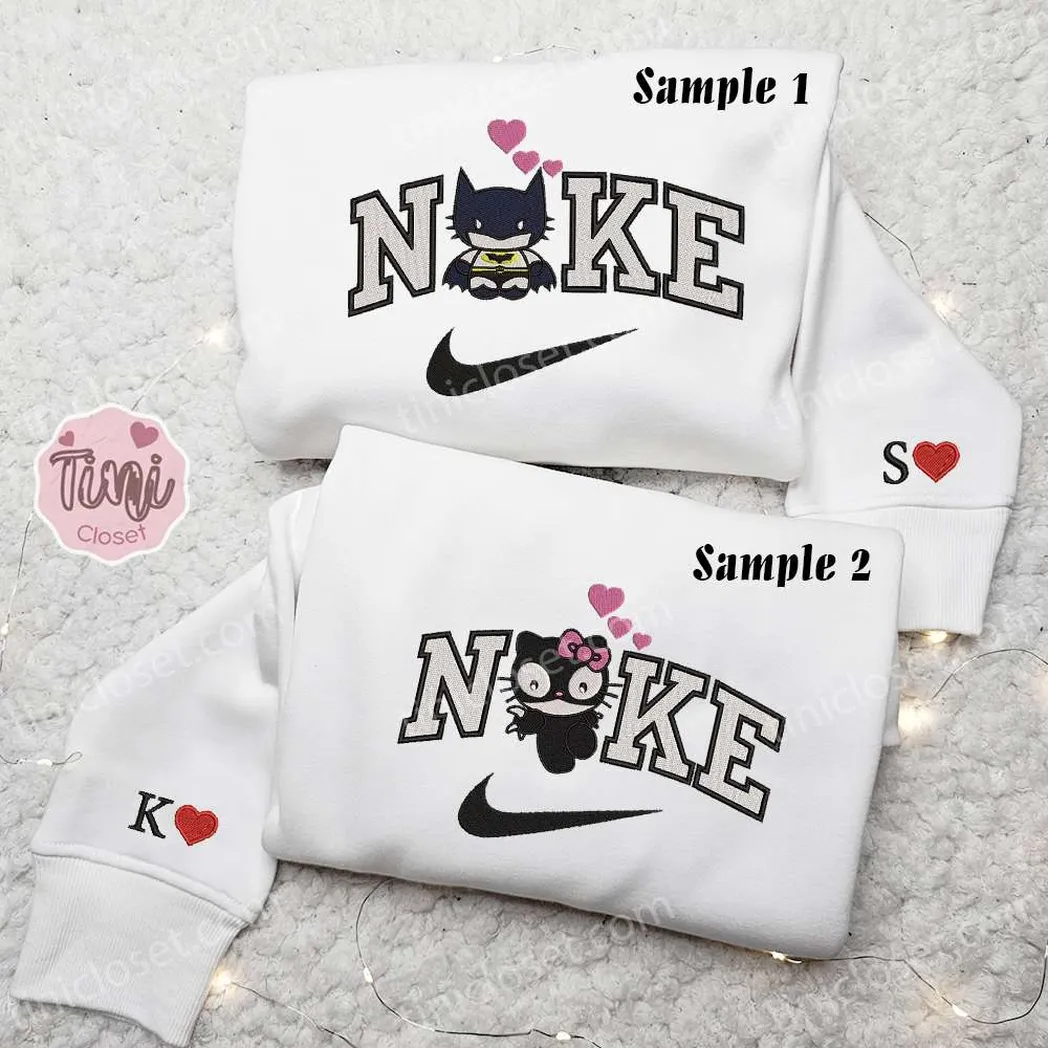 Hello Kitty Batman And Catwoman x Nike Embroidered Shirt, Embroidered Sweatshirt Fashion Style For Couples