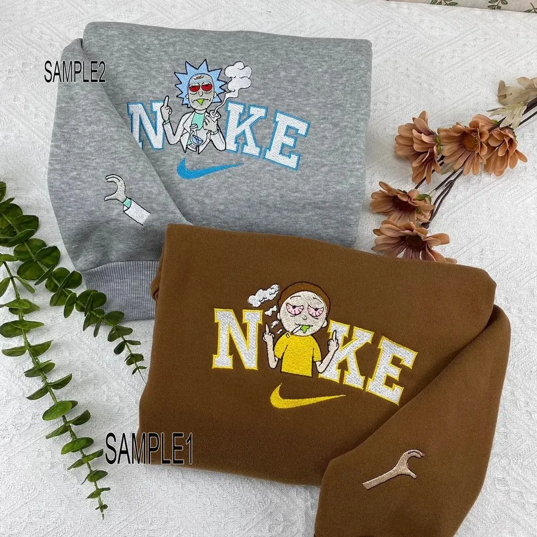 rick sanchez and swoosh x nike embroidered sweatshirt fashion style for couples valentines gift for himher fkms4
