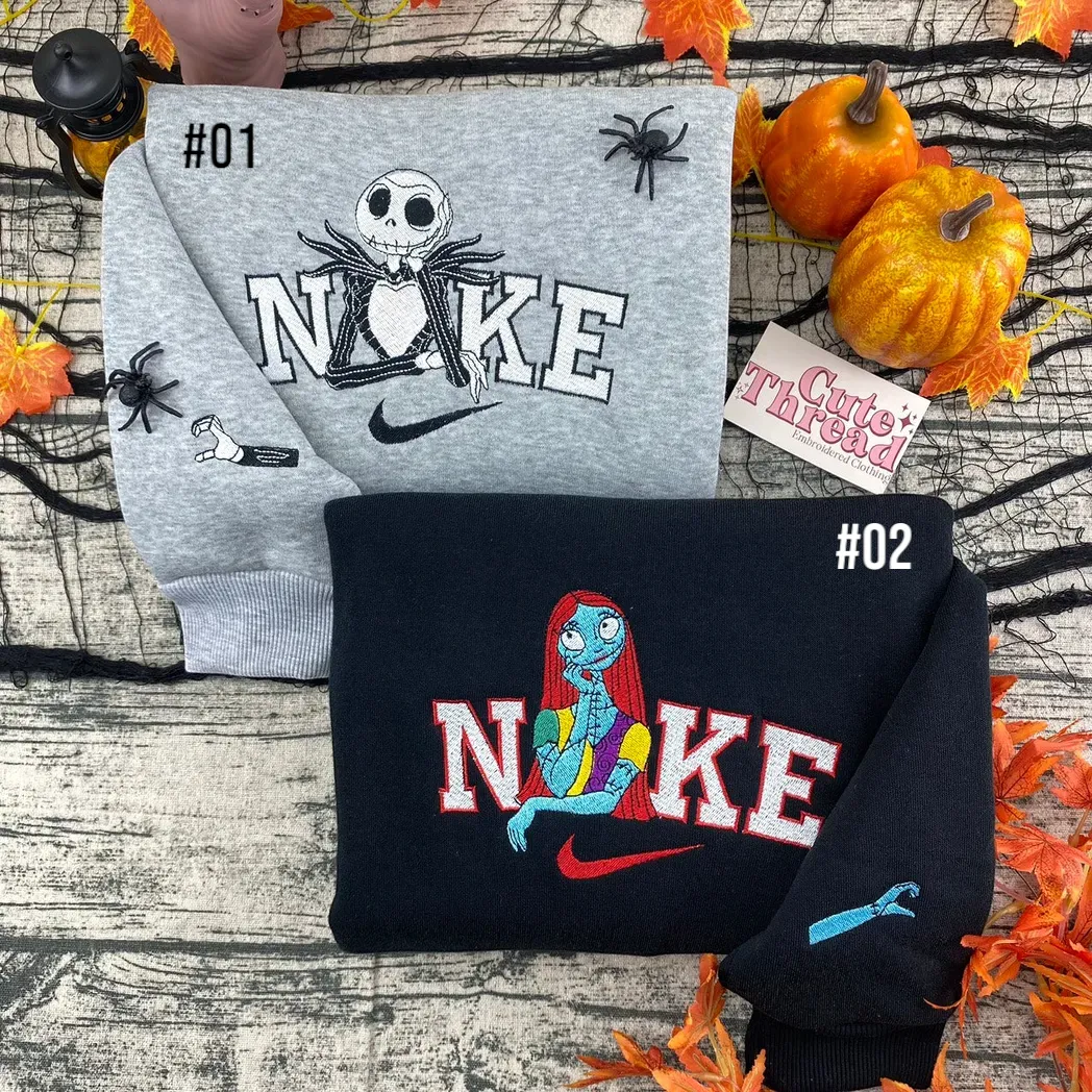 Sally And Jack Skellington x Nike Embroidered Shirt, Embroidered Sweatshirt Fashion Style For Couples