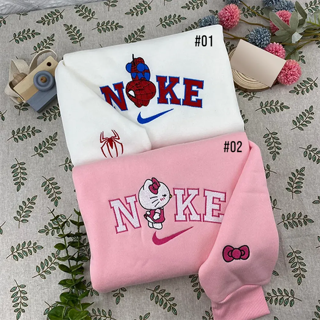 Spider-Man And Hello Kitty Nike Embroidered Sweatshirt Fashion Style For Couples, Valentine Day