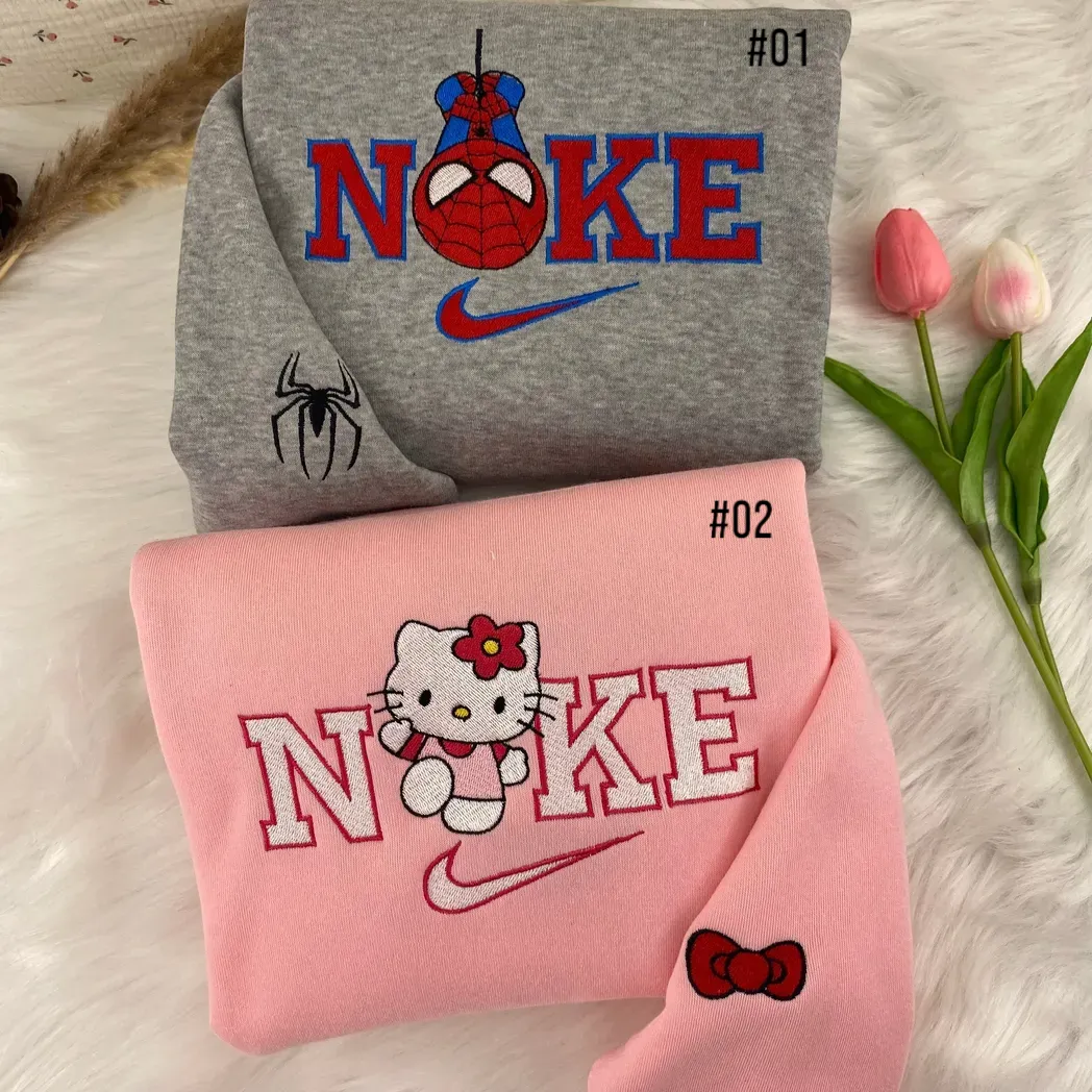 Spider-Man And Hello Kitty x Nike Embroidered Shirt, Embroidered Sweatshirt Fashion Style For Couples