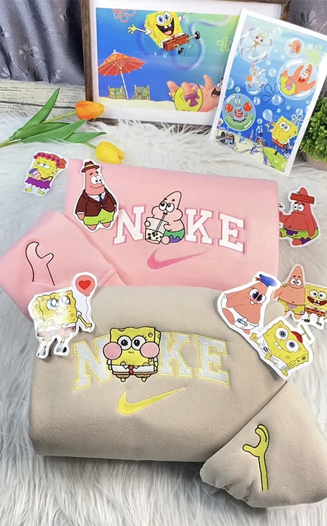 spongebob squarepants and patrick star cartoon nike embroidered sweatshirt fashion style for couples valentine day