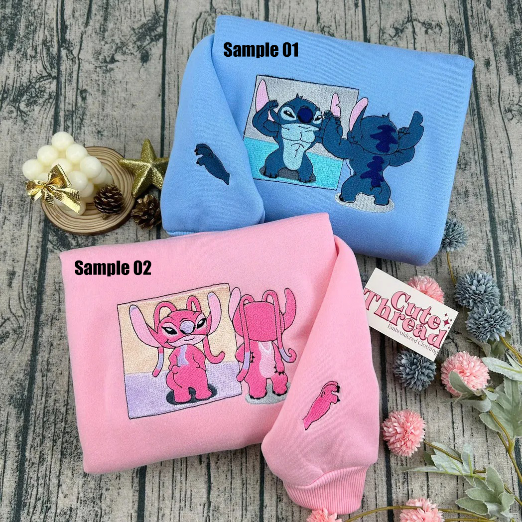 Stitch And Angel Cartoon Embroidered Sweatshirt Fashion Style For Couple