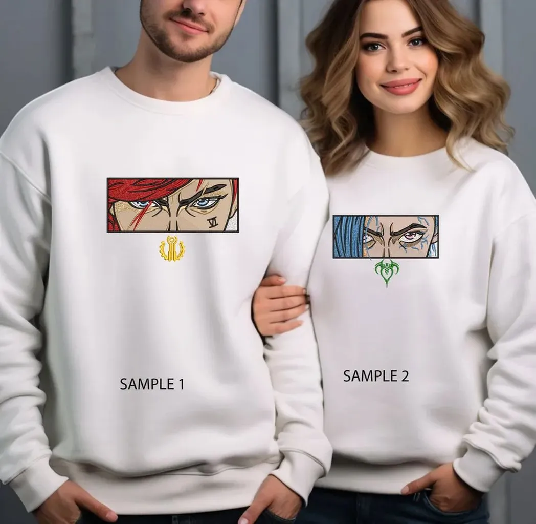 vi and jinx arcane anime embroidered sweatshirt fashion style for couples valentines gift for himher dqs28