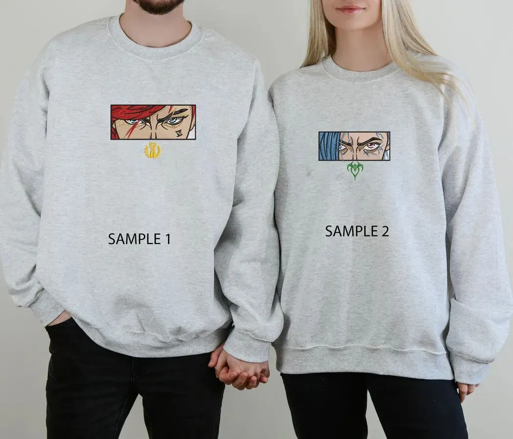 vi and jinx arcane anime embroidered sweatshirt fashion style for couples valentines gift for himher oogrv