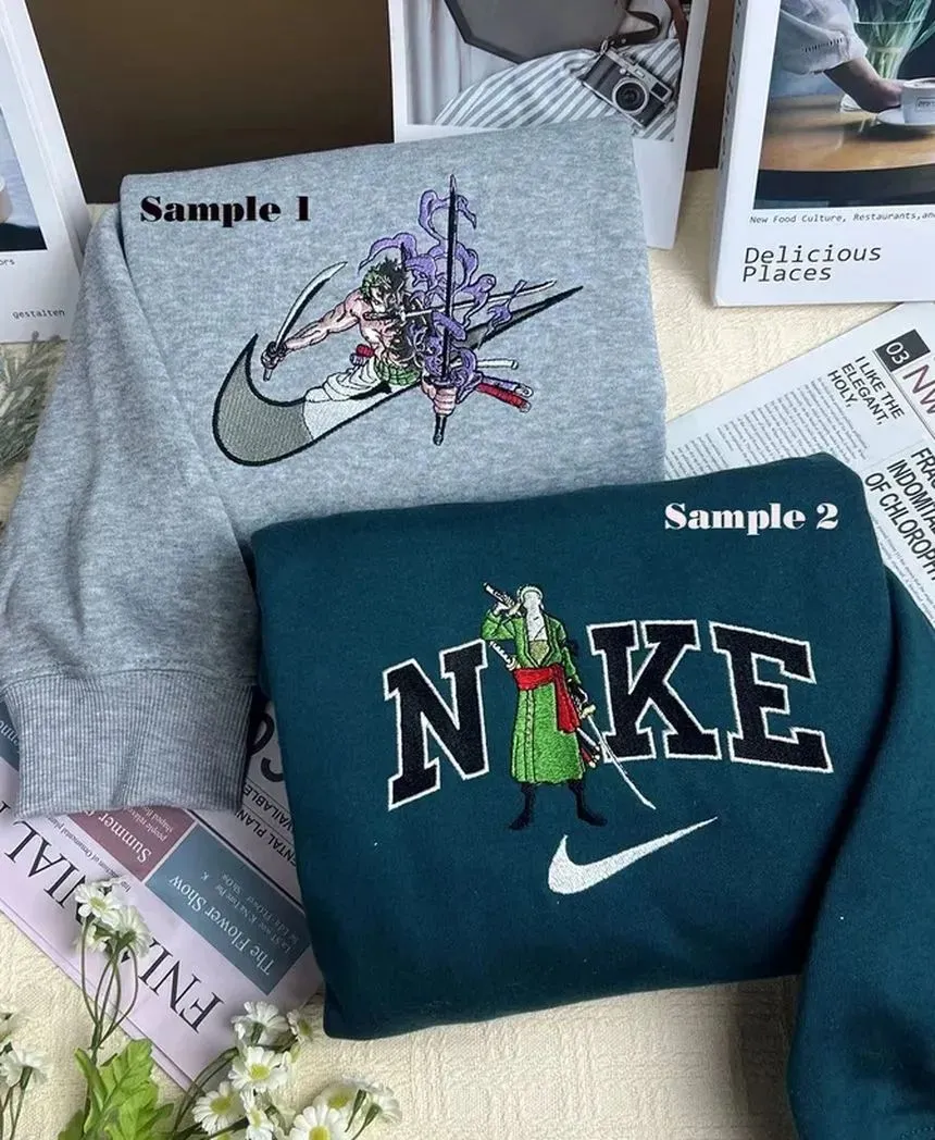 zoro one piece inspired anime x nike embroidered sweatshirt fashion style for couples valentines gift for himher npwve