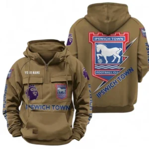 Ipswich Town Fans Gift Tactical Quarter Zip Hoodie, All Over Print Tactical Quarter Zip Hoodie For Sport Fan, Custom Name EPL113073025454-Khaki