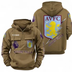 Aston Villa F.C Fans Gift Tactical Quarter Zip Hoodie, All Over Print Tactical Quarter Zip Hoodie For Sport Fan, Custom Name EPL113073025455-Khaki
