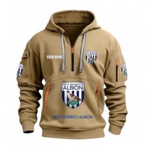 West Bromwich Albion Fans Gift Hoodie Half Zipper, All Over Print Hoodie Half Zipper For Sport Fan, Custom Name EPL116073125043-Khaki